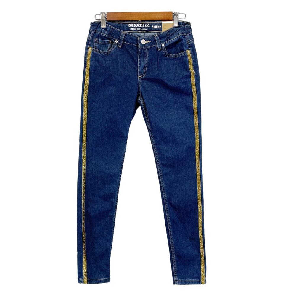 NEW Roebuck & Co Girls 16 Skinny‎ Jeans Dark Wash Gold Tuxedo Stripe Adjustable